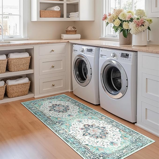 RELEANY Area Rugs Runner 2'x5' Washable Non-Slip, Floral Vintage Distress Medallion Carpet for Kitchen Hallway Bedroom Beside Laundry Room Bathroom, Green Navy Blue White Red Teal
