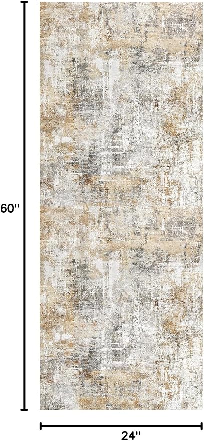2x5 Non-Slip Washable Runner Rug – Modern Neutral Abstract Small Rug for Hallway, Kitchen, Bathroom, Bedroom, Entryway, Laundry Room – Thin Soft Low-Pile Rubber Backing (Gold Grey)