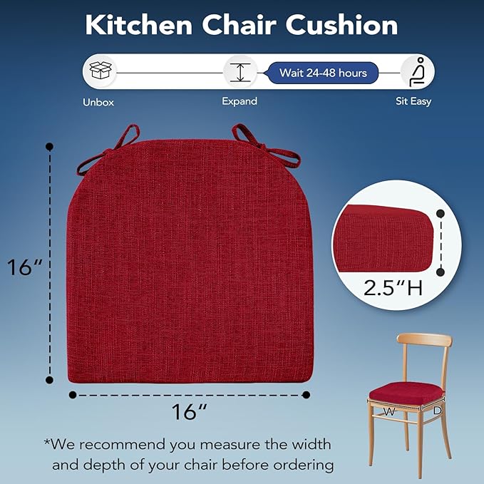 Chair Cushions for Dining Chairs, Non Slip Chair Pads with Ties and Washable Covers, Memory Foam Kitchen Chair Cushions Set of 4, 16"X16"X2.5", Red