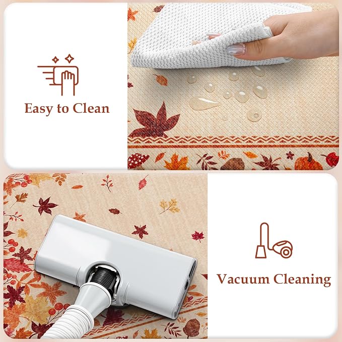KIMODE Fall Kitchen Mats Cushioned Anti Fatigue 17"x47"+17"x29", Beige Kitchen Mats for Floor, Padded Kitchen Floor Mats Non Slip, Autumn Maple Leaves Standing Mat for Laundry Office Sink Desk