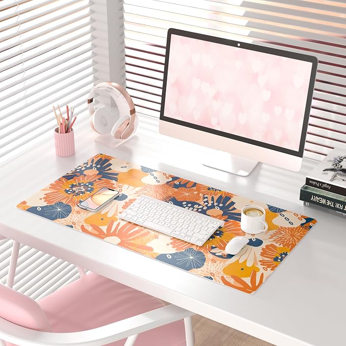 QiyI Large Desk Pad, Floral Mouse Pad Desktop Decor, Waterproof PU Leather Desk Cover Protector, Desk Accessories for Office Home Work Writing Gaming 31.5" x 15.7" - Orange Blue Flowers