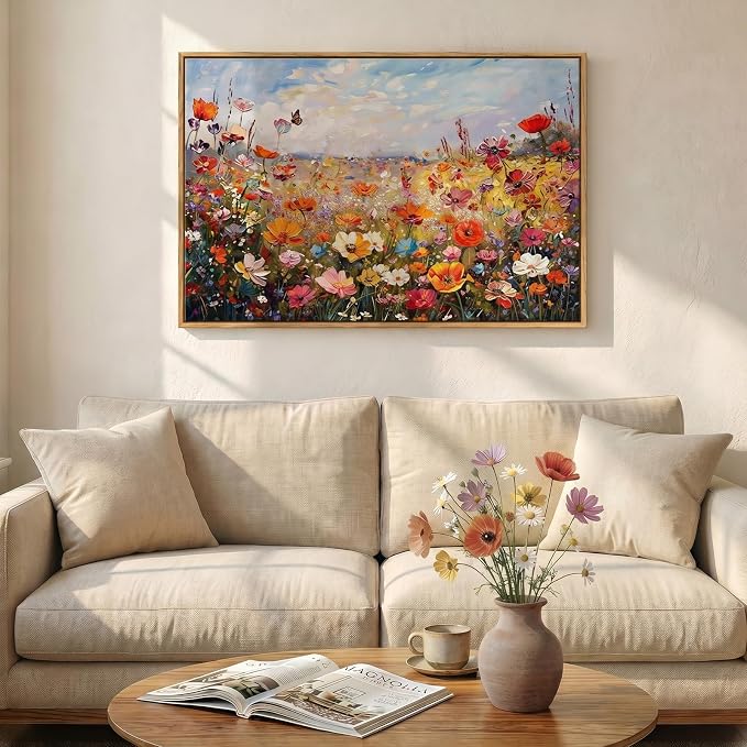 Framed Colorful Floral Botanical Wall Art, Flower Landscape Canvas Prints for Modern Farmhouse, Rustic Natural Wildflower Pictures for Living Room Bedroom Dining Room Office Wall Decor, 24x36 Inch