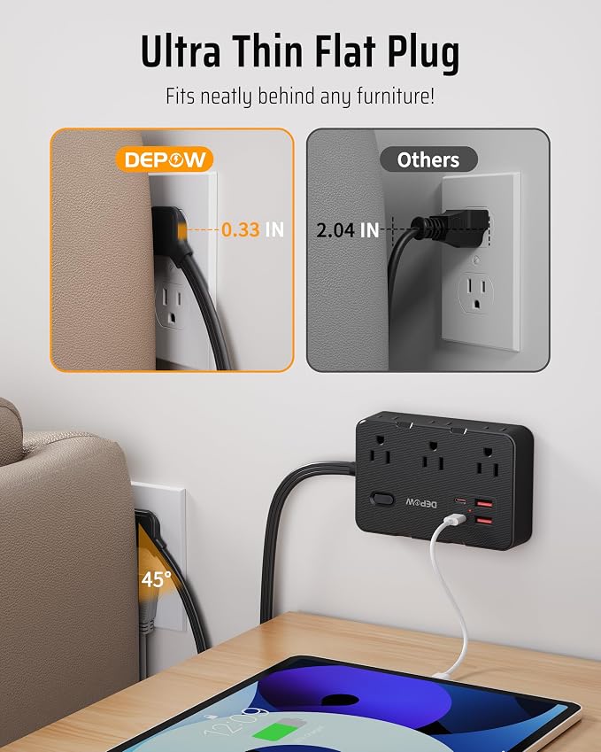 DEPOW Surge Protector Power Strip with Flat Plug, 5 FT Extension Cord with 6 AC Outlets 4 USB Ports(2 USB-C),1050J Surge Protection, Wall Mountable Charging Station for Office, Home, Black