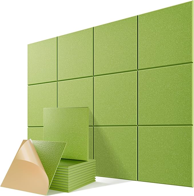 12 Pack Self-Adhesive Acoustic Panels, 12" X 12" X 0.4" High-Density Sound Proof Foam Panels for Walls, Soundproof Wall Panels for Home & Office (Avocado)
