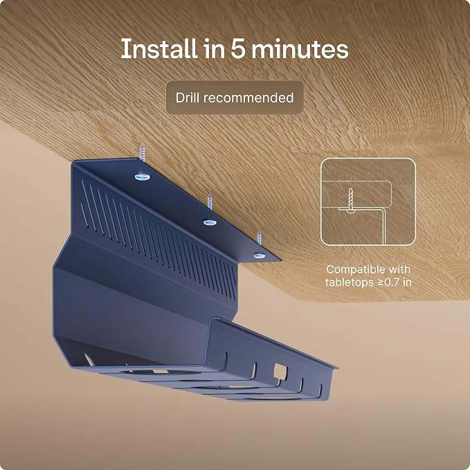 Desktronic Cable Duct Desk Blue Set of 2 - Stainless Steel Cable Management Desk Cable Duct with 5 Cable Cut-Outs - Easy to Install Cable Organiser - Cable Holder