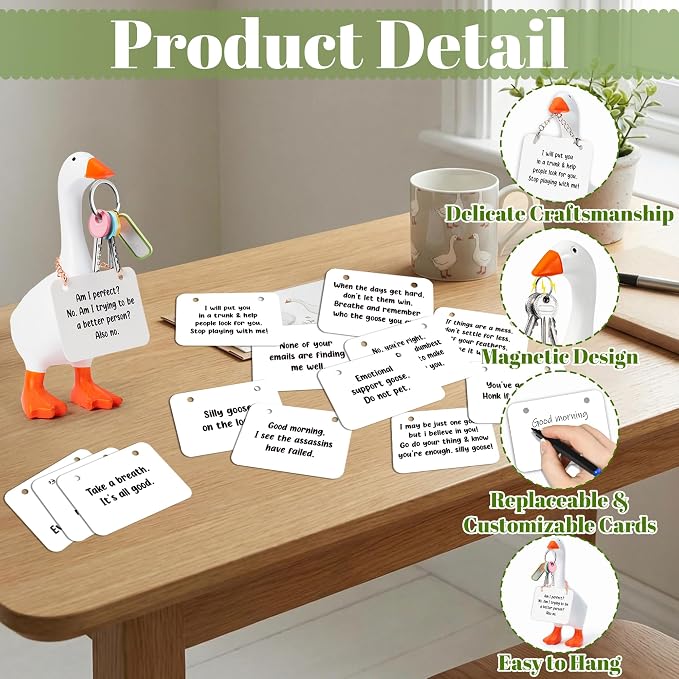 R HORSE Magnetic Desk Goose Key Holder - 7 Inch Resin Statue with Inspirational Cards, Magnetic Tool Holder for Keys & Metal, Funny Desk Organizer for Office Home, Farmhouse Decor Housewarming Gift
