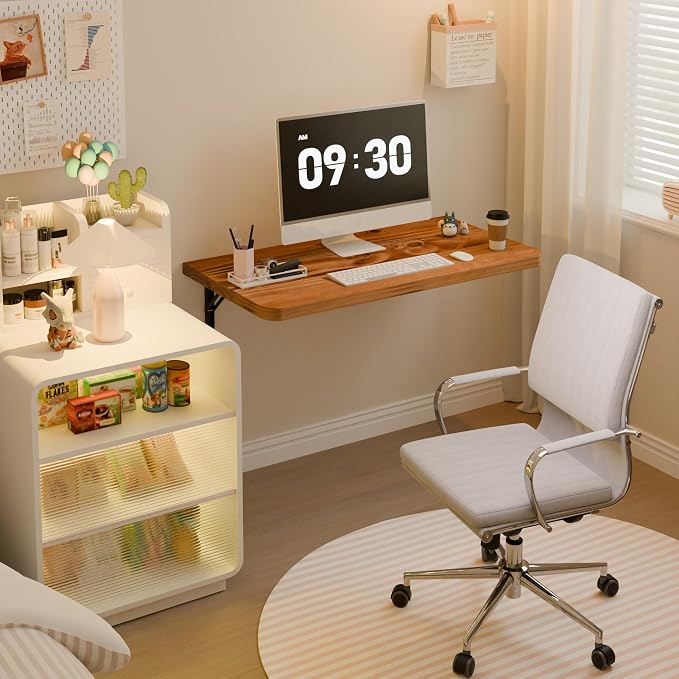 Dogsky Floating Wall Desk, 24" x 14" Wall Mounted Folding Table, Pine Wood Fold Down Wall Table, 100 lb Capacity Wall Mount Desk for Small Apartment, Laundry Room,Kitchen,Bar & Computer,Burning Yellow