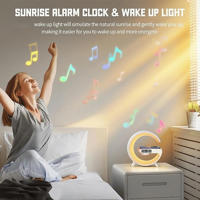 LED Table Lamp with Wireless Charger, G Shaped Night Light Lamp with Bluetooth Speaker, Sunrise Alarm Clock, Smart Mini Atmosphere Lamp for Bedroom, Office, Living Area (White)