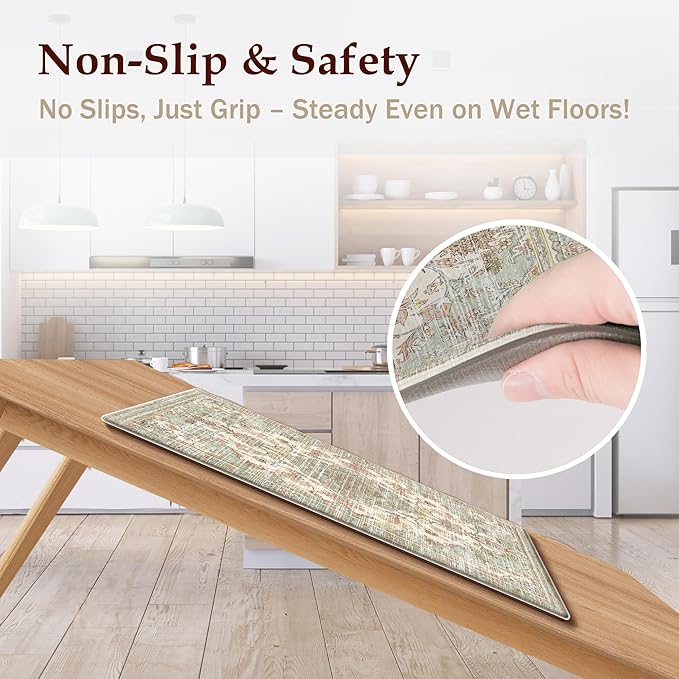 Boho Kitchen Mats for Floor 2 Piece Set Anti Fatigue Cushioned PVC Kitchen Rugs Non Slip Waterproof Farmhouse Mats 2/5 Inch Comfort Standing Mat for Laundry, 23.6"x39"+23.6"x59", Green Orange Beige