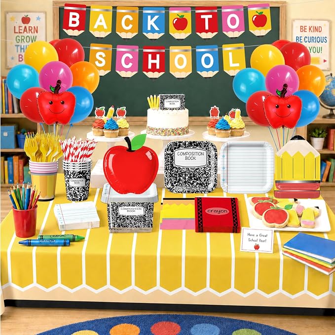 159 Pcs Back to School Decorations, First Day of School Party Supplies Includes Banner Paper Plates Napkins Cups Tablecloths Balloons for Classroom Kindergarten Back to School Party Decor