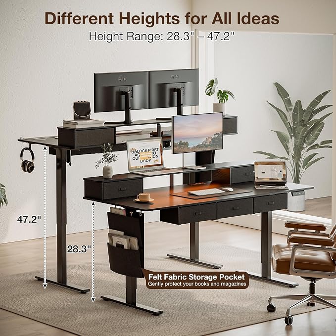 71x32 Inch Electric Standing Desk with 5 Drawers, Sit Stand Desk with Power Outlets, Monitor Shelf, LED Light and Cable Management, Height Adjustable 28.3-47.2 Inch for Home & Office, Black