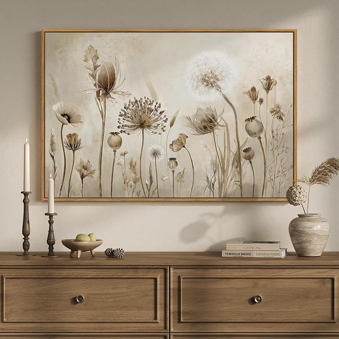 Framed Vintage Botanical Floral Wall Art, Neutral Rustic Flower Canvas Artwork for Modern Farmhouse, Minimalist Wildflower Dandelion Painting Prints for Living Room Bedroom Kitchen Dining room, 24x36