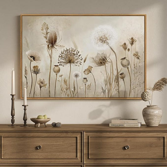 Framed Vintage Botanical Floral Wall Art, Neutral Rustic Flower Canvas Artwork for Modern Farmhouse, Minimalist Wildflower Dandelion Painting Prints for Living Room Bedroom Kitchen Dining room, 24x36
