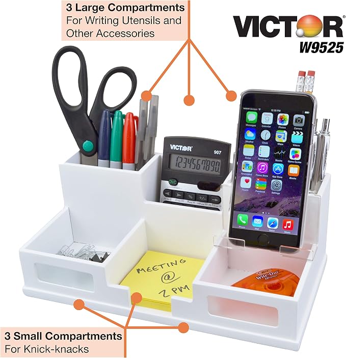 Victor W9525 Pure White Desk Organizer with Smart Phone Holder™