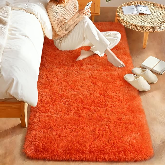 Fluffy Soft Runner Rug for Bedroom Hallways, 2x6 Area Rugs for Living Room, Modern Shaggy Carpets Fuzzy Rug for Boys Girls Dorm Nursery Home Decor Aesthetic, Upgrade Non-Slip Durable, Orange