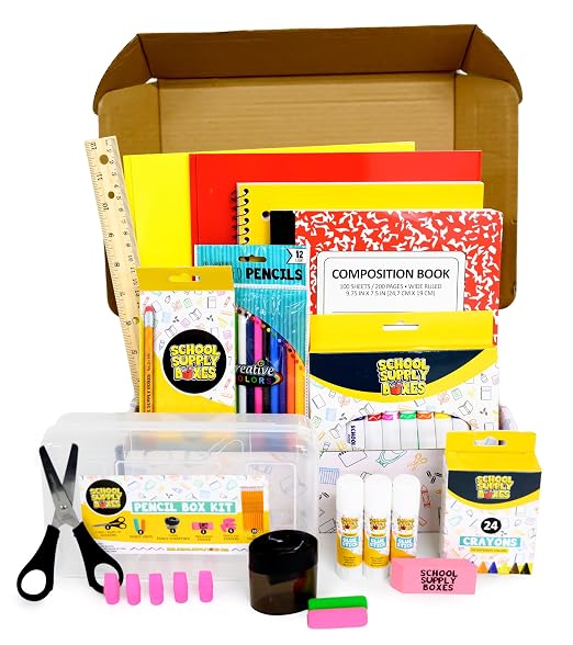 Back to School Supply Box (Pallet - 320 Boxes) - Grades K-5 Back to School Supplies - 32 Piece Kit Includes Markers, Crayons, Pencils, Scissors, Folders, Glue Sticks, Notebook, and Composition Book