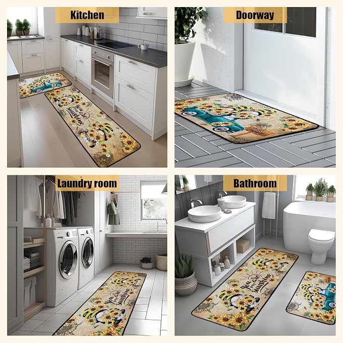 Voanos Sunflower Kitchen Rugs,Non Skid Washable Microfiber mats for Kitchen Floor,Bee Truck Theme Kitchen Cushioned Runner Rug Decor Sets of 2 Pieces,17"x 47"+17"x 30"