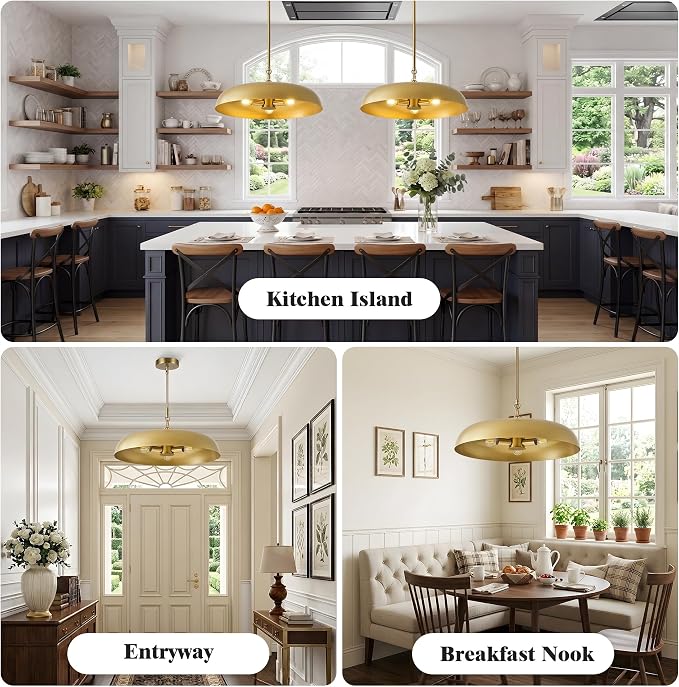 Large Pendant Lights Kitchen Island 20.4in, Gold Dining Room Fixture | 3-light hanging dome chandelier, modern all-metal frame, adjustable 18-54in downrod, E12 40W base, for over table bar cafe