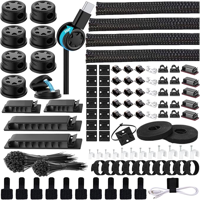 ELII 328Pcs Cable Management Kit, 8 Magnetic Cable Holder 69 Cable Clips | 4 Cable Sleeve Split,22Reusable Cable Strap,200 Nylon Cable Zip Ties ,25 Mounts TV Office,Nontoxic,Extra Strong Durable