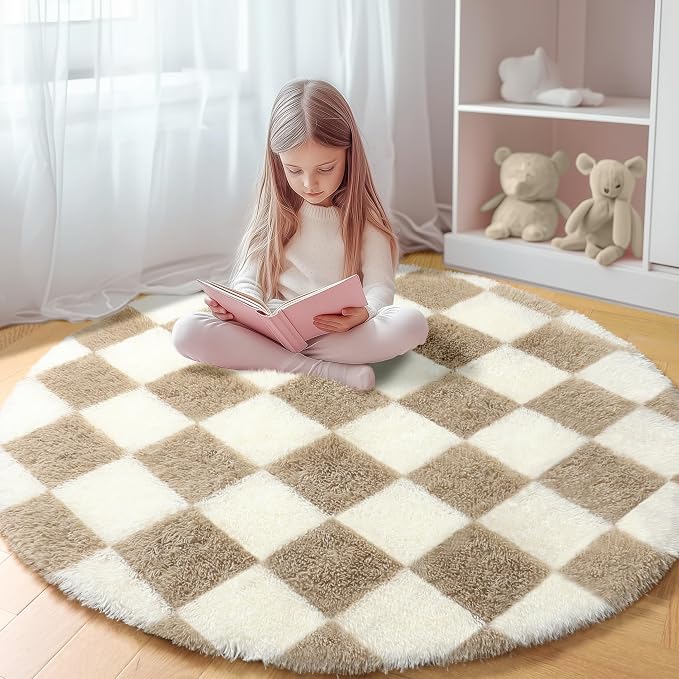 KICMOR Round Rugs 6ft Beige and Cream White Circle Area Rug, Fluffy Soft Fuzzy Shag Shaggy Bedroom Living Room Carpet, Indoor Checkered Circular Rug for Kids Boys Girls Home Decor Aesthetic, Nursery