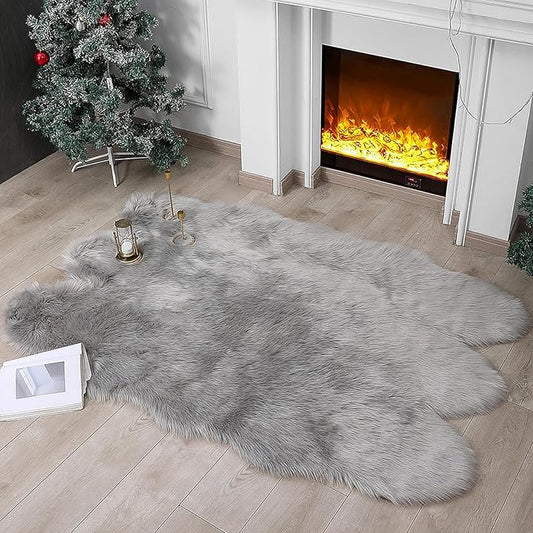 linmopm Faux Fur Sheepskin Rug, Grey, 4x6 ft | Shag Fluffy Fuzzy, High-Density Cushion, For Bedroom Bedside Living Room, Plush Carpet, Sofa Cover