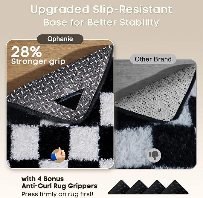 Ophanie Checkered Black & White Rug for Living Room Bedroom,Fluffy Soft Cute Fuzzy Area Rugs,Shag Plush Shaggy Bedside Floor 6x9 Furry Carpet Kids Baby Teen Dorm Decor with Over 99 pcs Pile fibers