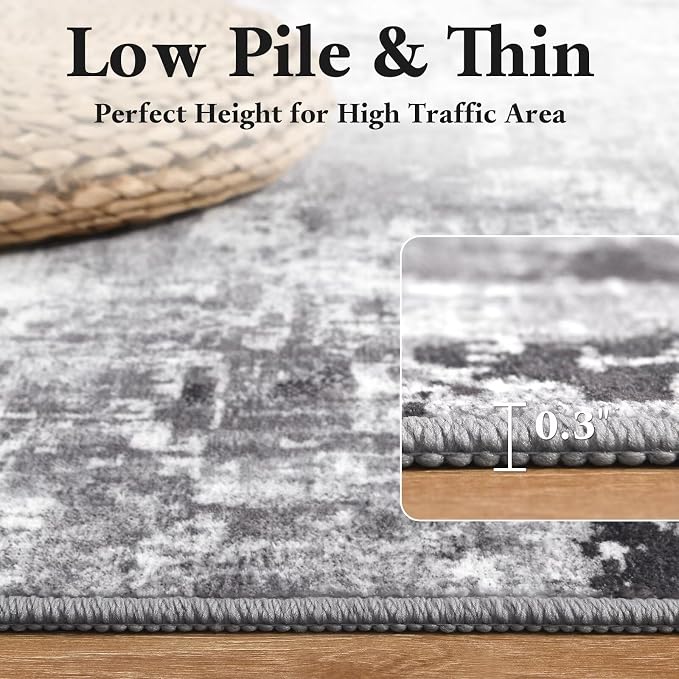 Macgace Washable Abstract Rug, 2x3 Small Modern Area Rugs with Non-Slip Rubber Backed for Kitchen, Thin but Soft Throw Carpet Bedroom Entryway Front Door Decor, Dark Grey