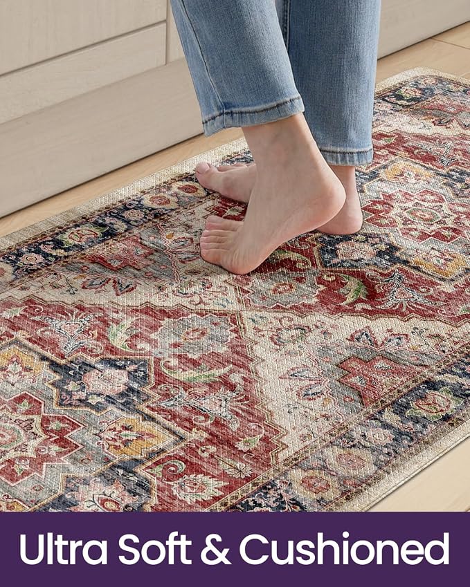 DEXI Kitchen Floor Mats Anti Fatigue, 23x86 Large Cushioned Vintage Runner Rug Waterproof, Standing Comfort Memory Foam Padded for Front Sink Laundry Office, Beige and Red