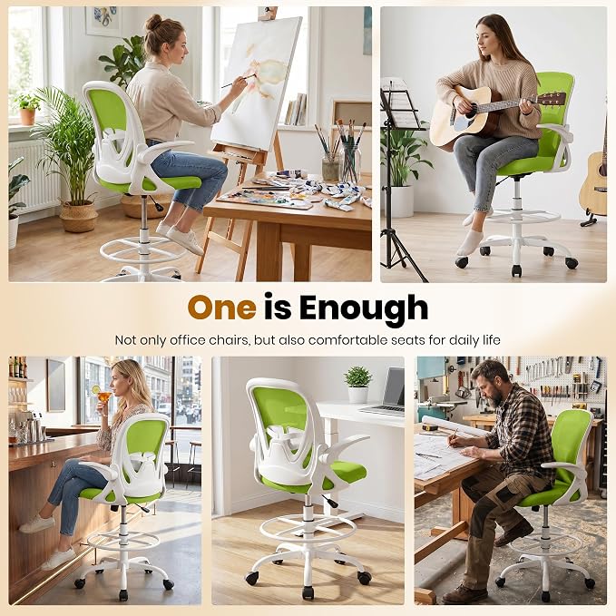 Primy Drafting Chair Tall Office Chair with Flip-up Armrests Executive Ergonomic Computer Standing Desk Chair with Lumbar Support and Adjustable Footrest Ring (Green)