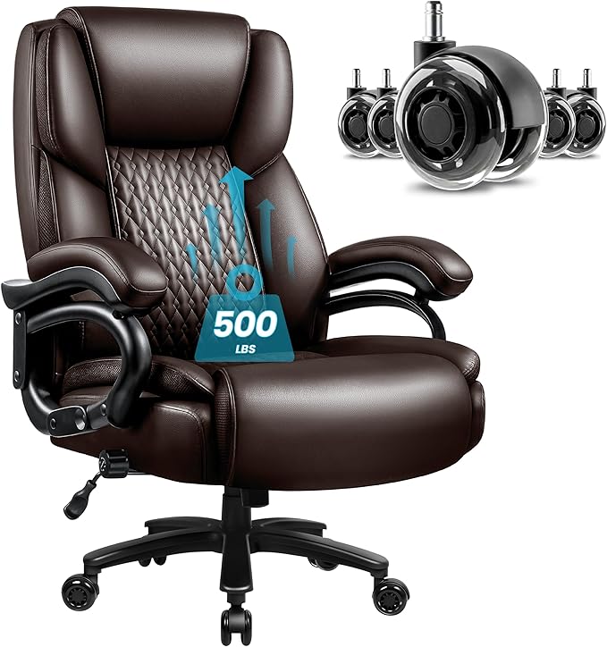 X-Large Office Chair 500 Lbs Capacity, Ergonomic PU Leather Executive Chair with Lumbar Support & Quiet Rubber Wheels, Comfy Heavy Duty Desk Chairs for Heavy People, Brown
