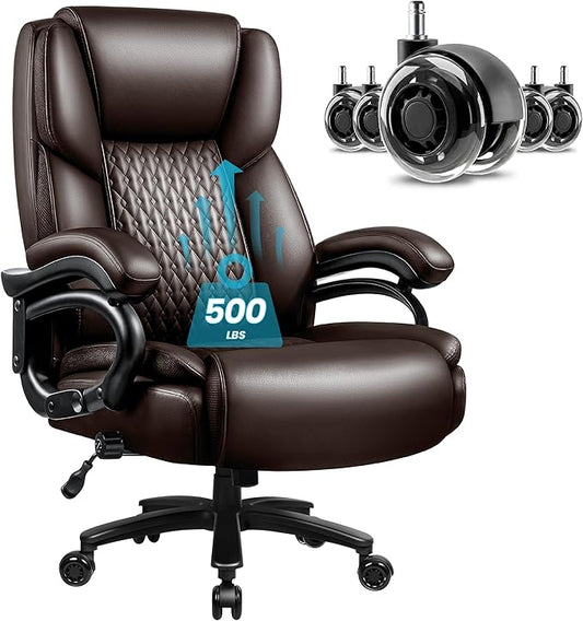 X-Large Office Chair 500 Lbs Capacity, Ergonomic PU Leather Executive Chair with Lumbar Support & Quiet Rubber Wheels, Comfy Heavy Duty Desk Chairs for Heavy People, Brown