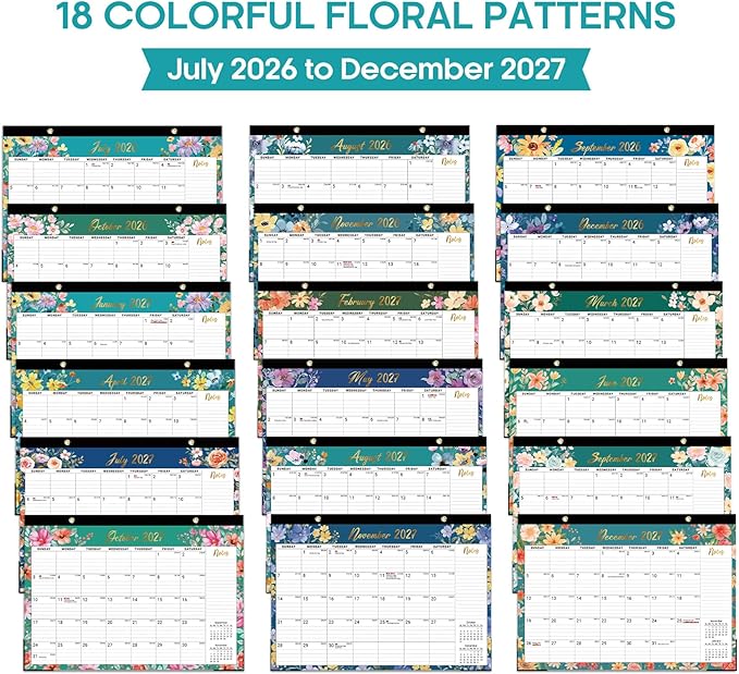 Desk Calendar 2026-2027, 18-Month Calendar Runs from July 2026 to December 2027, Large 17" x 12" Monthly Desktop & Wall Calendar for Home & Office - Floral