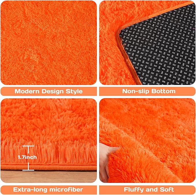 Area Rugs for Living Room Bedroom 9x12, Ultra Fluffy Shag Rug Modern Washable Carpet Soft Shaggy Non Slip Indoor Plush Fuzzy Rugs for Bedroom Dorm Office Home Aesthetic Decor, Orange