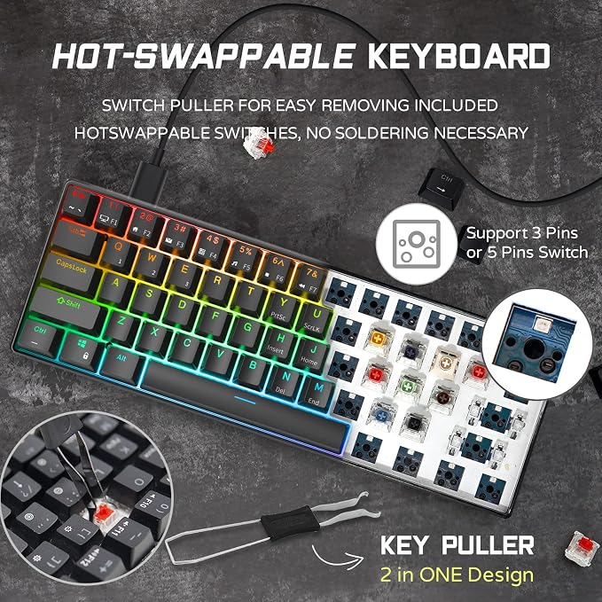 RK ROYAL KLUDGE RK61 Wired 60% Mechanical Gaming Keyboard Programmable QMK/VIA RGB Backlit 61 Keys Ultra-Compact Hot Swappable Blue Switch Black