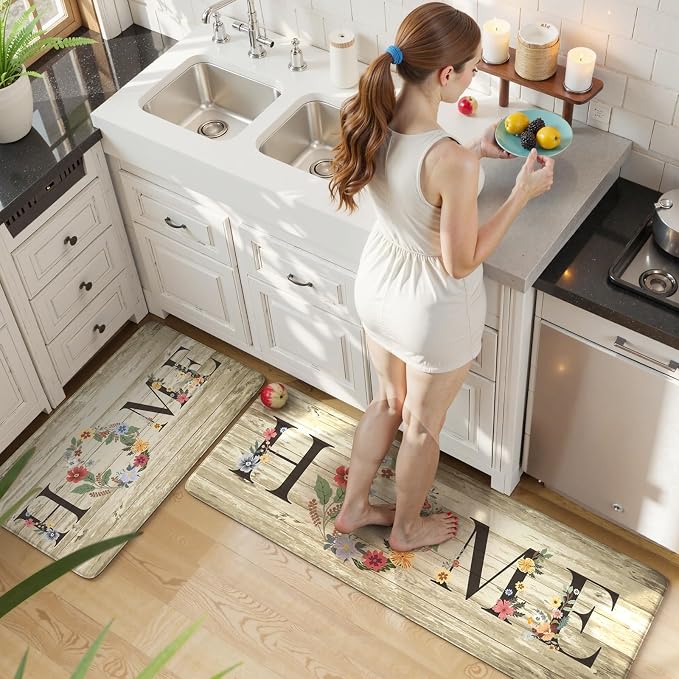 KIMODE Anti Fatigue Kitchen Mats for Floor 2 Piece,Farmhouse Floral Rugs Cushioned,Comfort Memory Foam Carpet Non Slip for Sink Laundry Office Bathroom,Beige 17"x47"+17"x29"