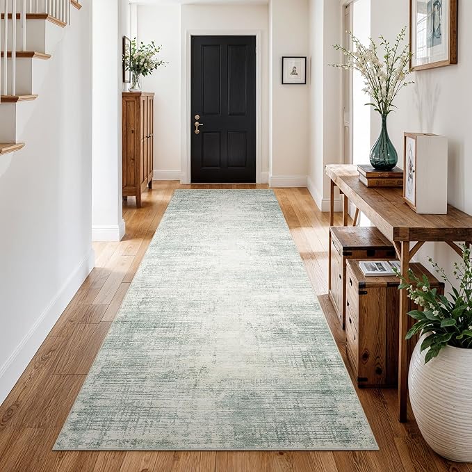 3x10 Hallway Washable Runner Rug - Non-Slip Kitchen Rugs with Rubber Backing Abstract Neutral Low-Pile Carpet Runners for Laundry Room Home Decor Bedroom Bathroom Entryway (Green,3x10)