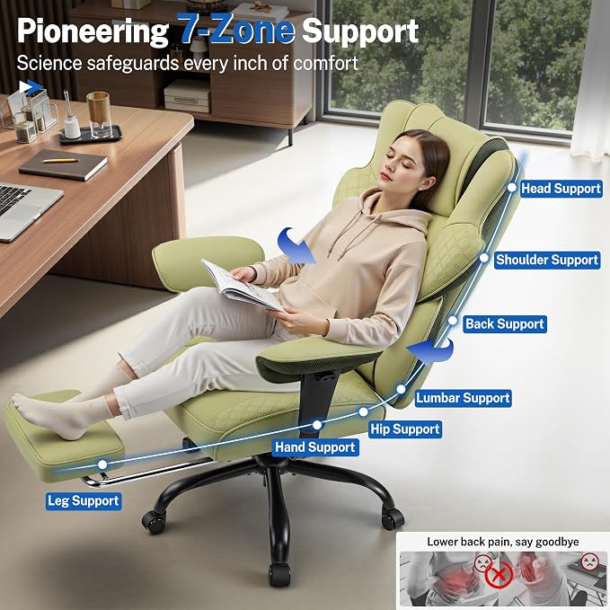 FelixKing Big and Tall Office Chair 500lbs - Ergonomic Desk Chair with Footrest, Scratch-Resistant PU Leather Computer Chair, 4D Lumbar Support Gaming Chair, Comfy Reclining Swivel Work Chair, Green