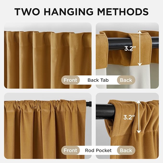Joydeco Mustard Yellow 100% Blackout Curtains 90 Inch 2 Panels, Luxury Thermal Yellow Velvet Curtains for Bedroom Living Room, Soundproof Blackout Window Drapes, Rod Pocket & Back Tab (52W x 90L)