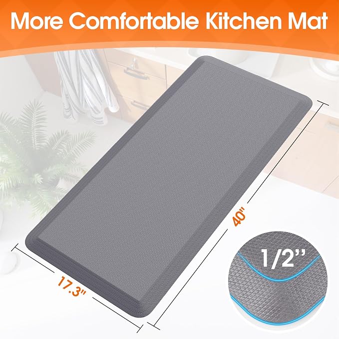 TranquilRelax Kitchen Mat, Cushioned Thick Floor Comfort Mat, with Non-Slip Bottom, Waterproof & Stain Resistant & Easy Clean, Standing Desk Mat for Kitchen, Sink, Office (17.3''x39'', Grey)