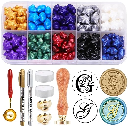 Wax Seal Stamp Kits, 200pcs Assorted Beads and 2pcs Initial Alphabet G Wax Seal Kits for Wedding Invitations Gift Wraps Envelopes and Christmas Cards (Alphabet G Kit)