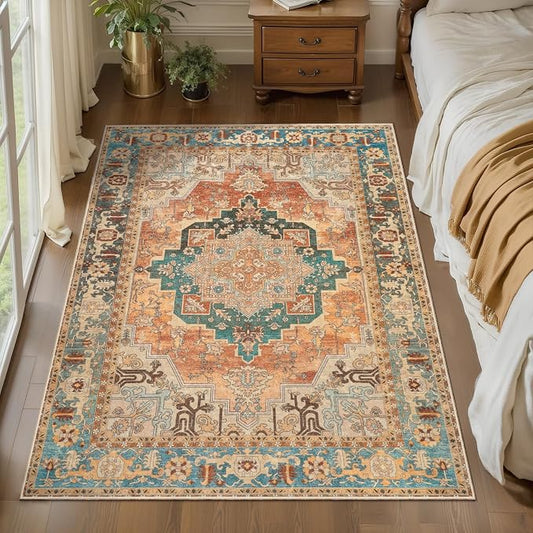 Tangsoo Oriental 3x5 Area Rug, Washable Vintage Rugs Indoor Non Slip Accent Rugs, Print Distressed Carpet, Boho Soft Low Pile Rug for Living Room Dorm Bedroom Bedside Entryway Bathroom Orange