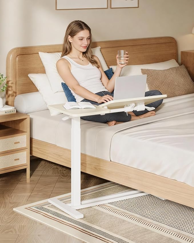 SANODESK 32''Overbed Table Gas Spring Lifting with Wheels&Tilting Desktop | Rolling Mobile Laptop Desk End Table,Portable Computer Workstation for Home Office,Sofa,Bedside,31.5" W x 17.7" D,Wood Grain