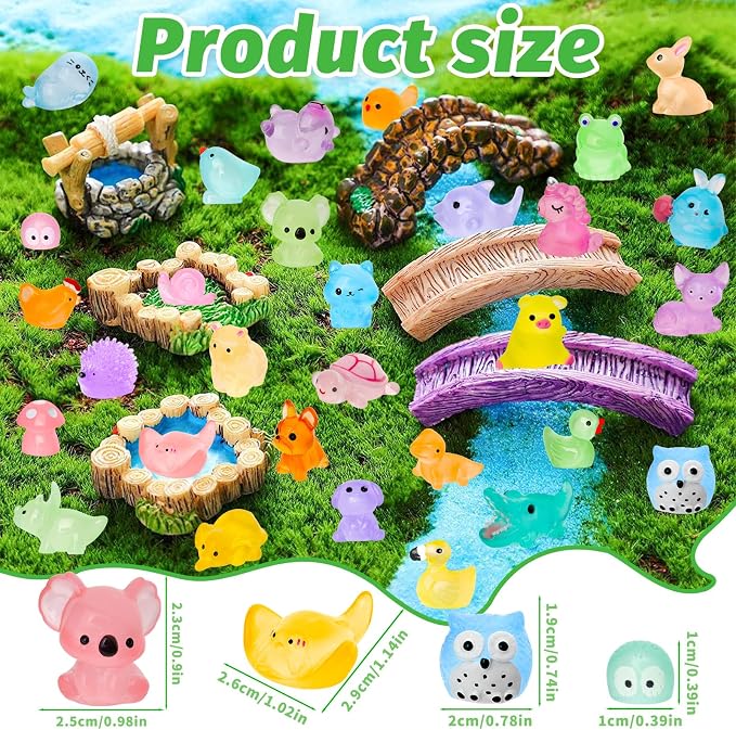 200PCS Luminous Mini Resin Animals 30 Types Miniature Resin Animal Figurines to Hide Bulk Glow in The Dark Tiny Ducks Frogs Small Cat Bunnies for Fairy Garden Micro Landscape Dollhouse Accessories