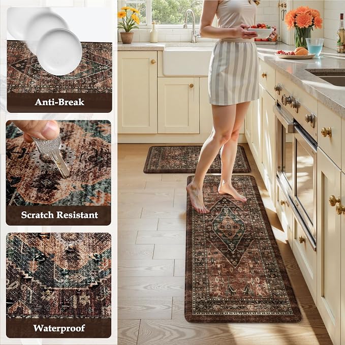 KIMODE Kitchen Mats for Floor Cushioned Anti Fatigue, Floral Kitchen Rugs Sets of 2, Brick Rugs for Kitchen Floor, Comfort Kitchen Floor Mats, Ergonomic Standing Desk Mat for Sink Laundry Room Decor