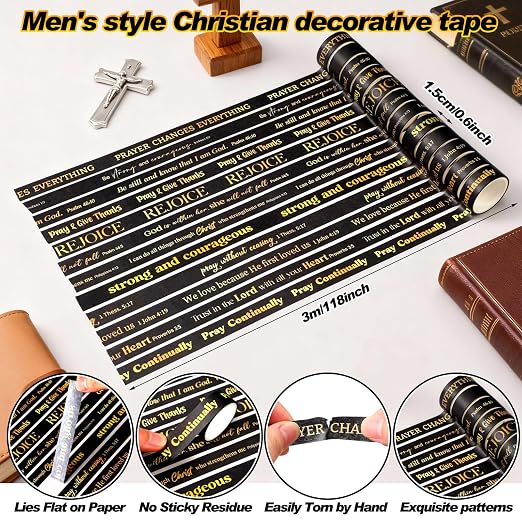 24 Rolls Back to School Christian Washi Tape for Men Bulk Vbs Religious Scripture Gold Foil Black Bible Verse Washi Tape for Bible Journaling Crafting Students Father's Day Bulk Gifts