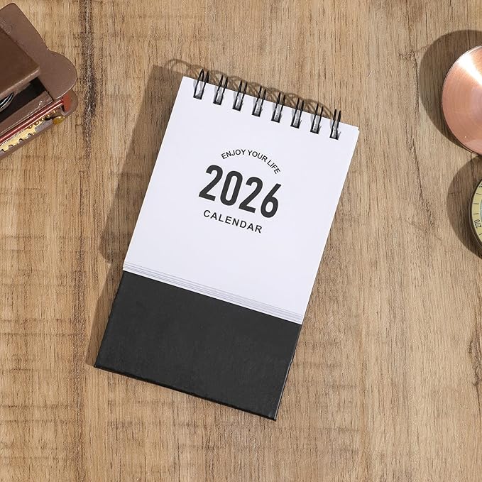 Mini Desk Calendar 2026-2027- Small Desktop Calendar January 2026 to June 2027 Mini Daily Schedule Thick Paper Twin-Wire Binding with Stickers for Home Office School (Black-white)
