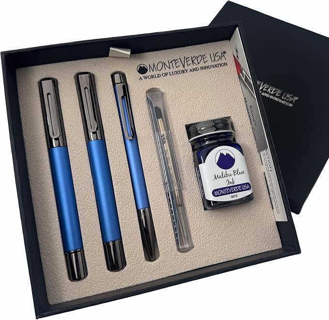 Monteverde Ritma 3+2 Piece Gift Set, Blue - Includes Fine Nib Fountain Pen, Rollerball, Ballpoint, 30ml Ink & Refill - Elegant Writing Set for Professionals & Collectors