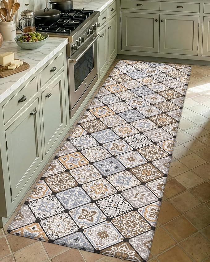 DEXI Anti Fatigue Kitchen Mats for Floor, 23x86, Cushioned Standing Padded Mat Waterproof, Comfort Runner Rug for Laundry Room Office, Brown Checkered