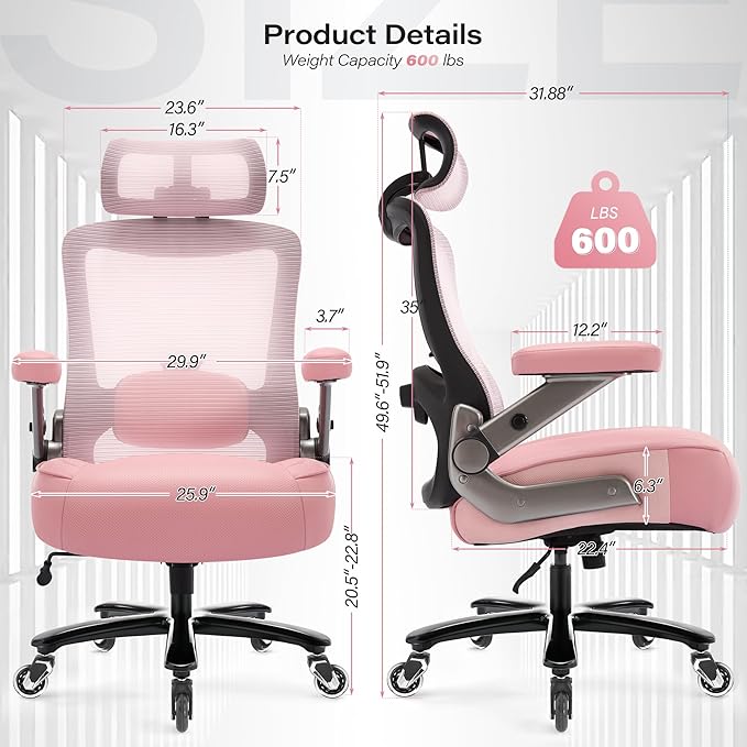 Big and Tall Office Chair 600lbs with 3D Flip Arms, Heavy Duty Large Executive Computer Desk Chair Ergonomic Mesh High Back Plus Size Chair for Adults