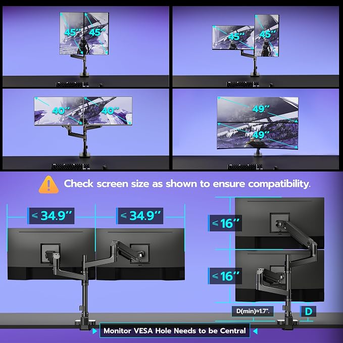 ARES WING Dual Monitor Arm Desk Mount for 17-49 Inch Ultrawide Monitors, Heavy Duty Dual Monitor Mount Holds 44 lbs, Full Motion Gas Spring Vertical Monitor Mount, 75/100 VESA Mount, Black